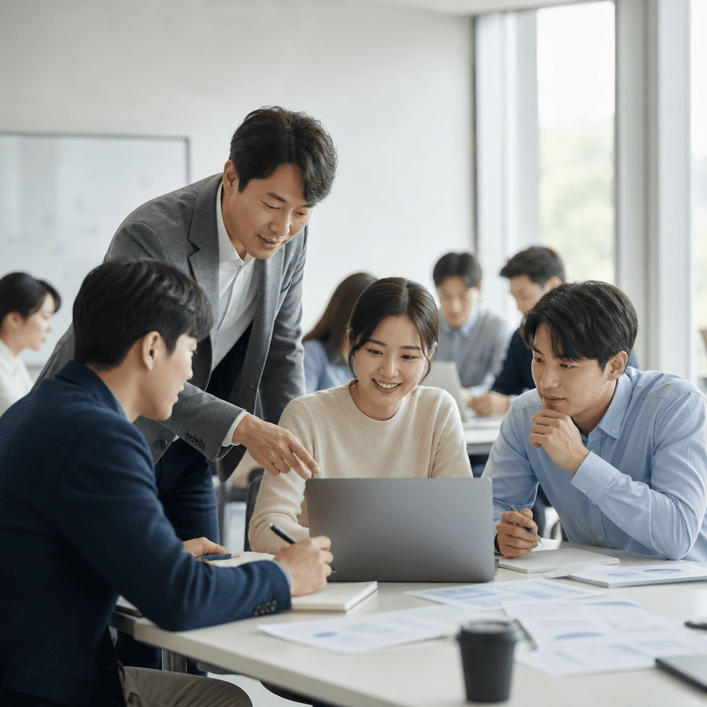 노트북 화면을 함께 보며 AI 업무 활용을 배우는 교육 장면